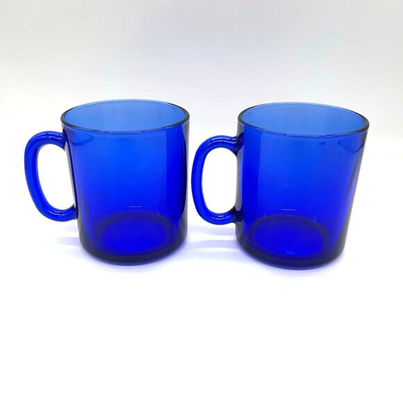 Vintage Arcoroc Cobalt Blue Set of 2 Glass Mugs Made in France - Picture 1 of 7